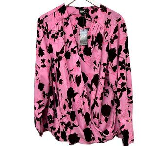 INC International Concepts Blouse Plus Size 2X  Pink Print Womens Wrap Top NW